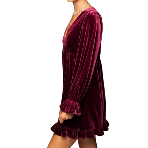 Burgundy Red crushed Velvet plunging v neck Cherry Girl fairy core Dress Sz S - Picture 11 of 12